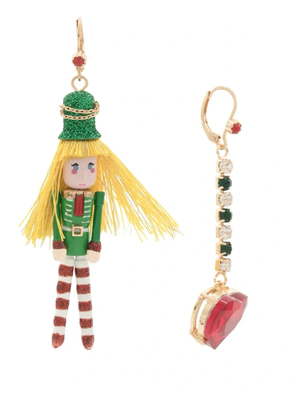 Betsey Johnson Nutcracker Elf Mismatched Christmas Dangle Drop Earrings Bling